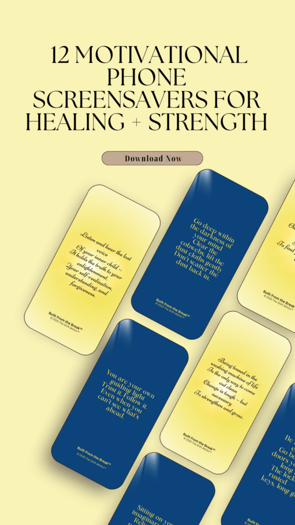 Built From the Break™ | 12 Motivational Phone Screensavers for Healing + Strength These printable phone wallpapers were created for your comeback season. Whether you’ve been through heartbreak, burnout, loss, or personal transformation — these quotes are here to remind you: the break didn’t end you. It revealed you. This powerful set includes 12 original, soul-stirring quotes, professionally designed in two calming themes:  Soft Yellow Series – for warmth, renewal, and hope  Vibrant Blue Series – for clarity, truth, and strength What You’ll Receive: - 24 high-resolution PNG phone wallpapers (12 yellow, 12 blue) - Matching PDF versions (optional for printing) - Optimized for most phone lock screen sizes - Instant digital download (no ZIP folders) Perfect For: - Daily encouragement and healing - Gifts for friends going through hard times - Trauma recovery or spiritual self-care - Lock screens that remind you of your inner strength Please Note: - Files are for personal use only. - Each image must contain: “© 2025 The Shift Within™” - No ZIP folders — deliver files individually © 2025 The Shift Within. All rights reserved. This product is protected by copyright. Affiliate sales are welcome — but unauthorized resale or redistribution is not permitted.